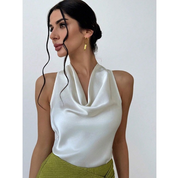 Off White Satin Halter Draped Tie Neck Sleeveless Blouse - Picture 7 of 8